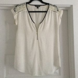 White Lace Blouse with Faux Leather